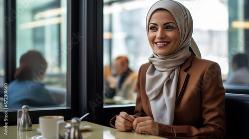 Young, Muslim Woman Female wearing Hijab Head Covering at Lunch, Breakfast Restaurant with Coffee at Daytime