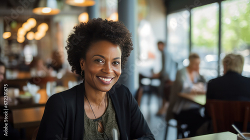 Young Black Woman Female Sitting in Restaurant at Lunch Looking at Camera, Smiling