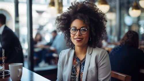 Black Woman Female Sitting in Restaurant at Lunch Looking at Camera, Smiling Wearing Glasses