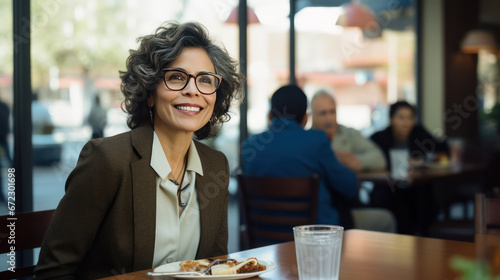 Latina Woman Female Sitting in Restaurant Cafe at Lunch Looking at Camera, Smiling with Glasses, Middle Aged Business Woman