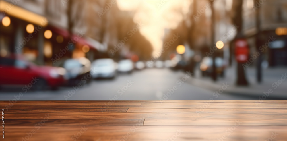Generative AI, Empty wooden table top with blur background of a busy street, big city Generative AI, Empty wooden table top with blur background of a busy street, big city
