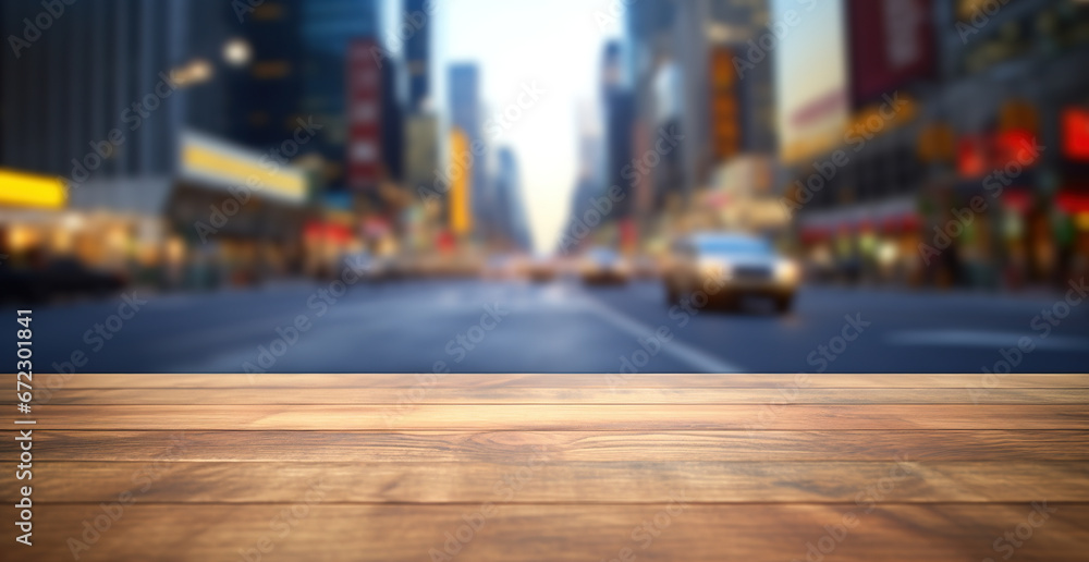 Generative AI, Empty wooden table top with blur background of a busy street, big city