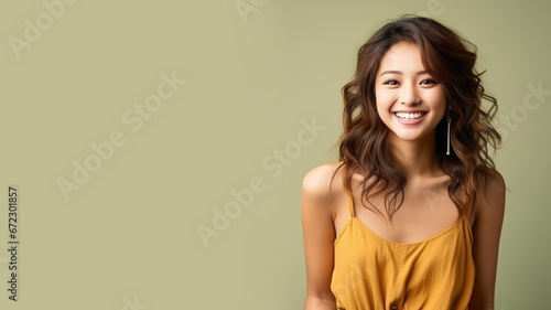Asian woman model wear a brown sundress isolated on pastel background