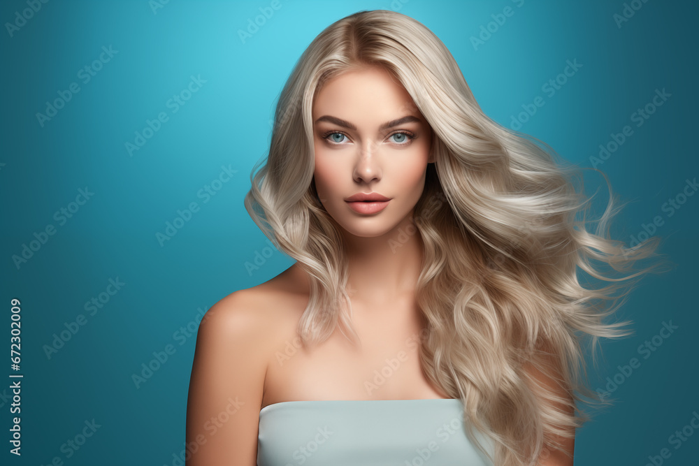 Portrait of a beautiful young woman with long blonde hair on blue background Portrait of a beautiful young woman with long blonde hair on blue background