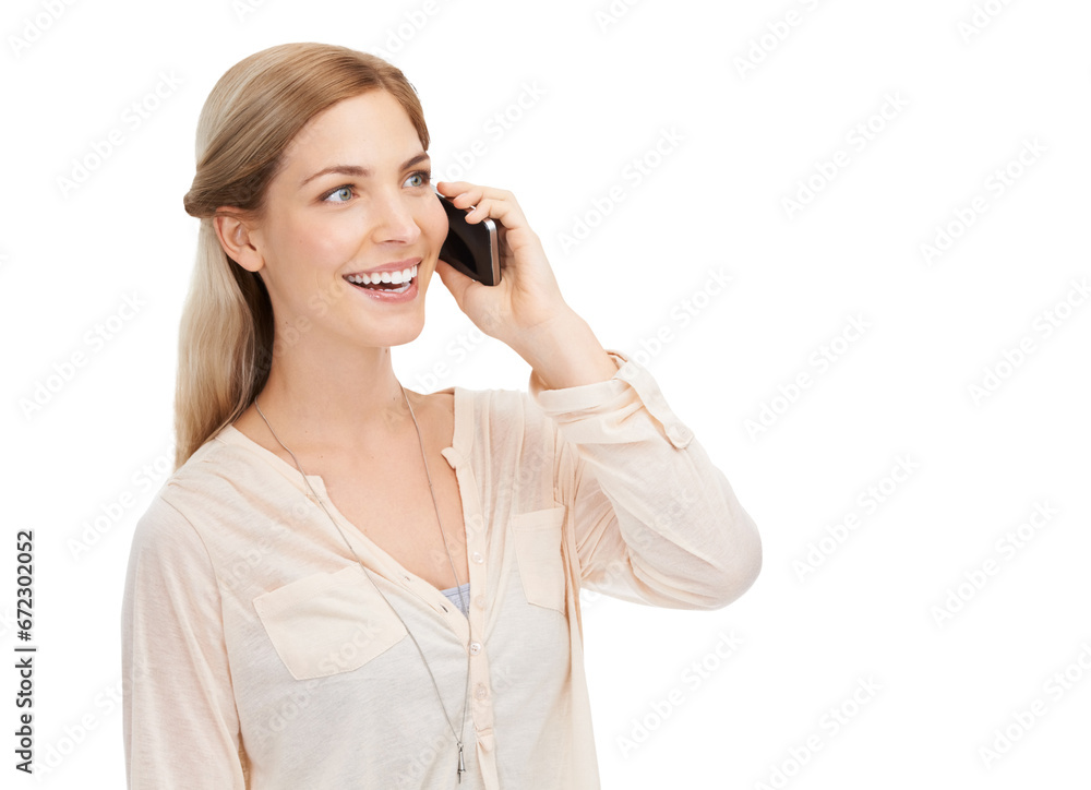 Phone call, hello and happy woman online for conversation on png and transparent background. Communication, networking and isolated person talking on cellphone for chatting, contact and connection