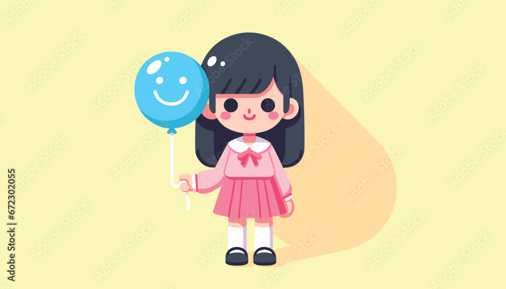 Schoolgirl with Blue Smiley Balloon Vector Design
