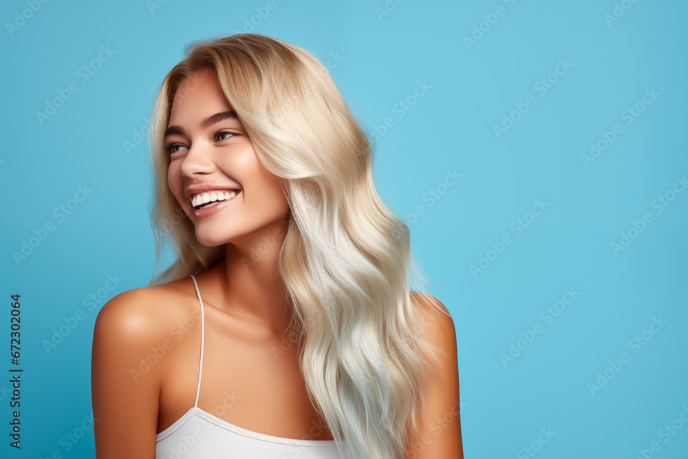 Portrait of a beautiful young woman with long blonde hair on blue background. Smiling girl Portrait of a beautiful young woman with long blonde hair on blue background. Smiling girl