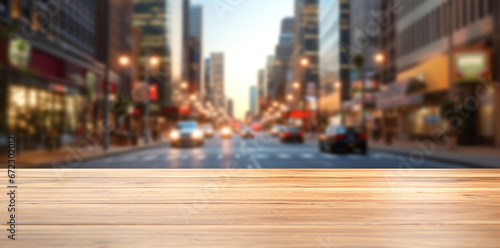 Generative AI, Empty wooden table top with blur background of a busy street, big city
