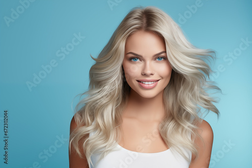 Portrait of a beautiful young woman with long blonde hair on blue background. Smiling girl