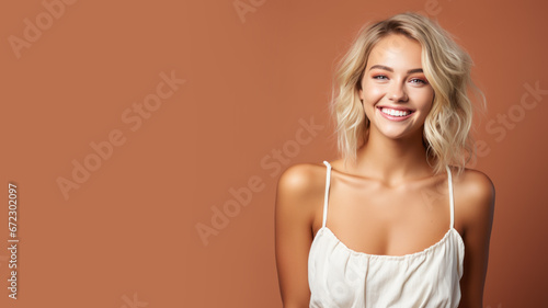 Blonde woman model wear a white sundress isolated on pastel background