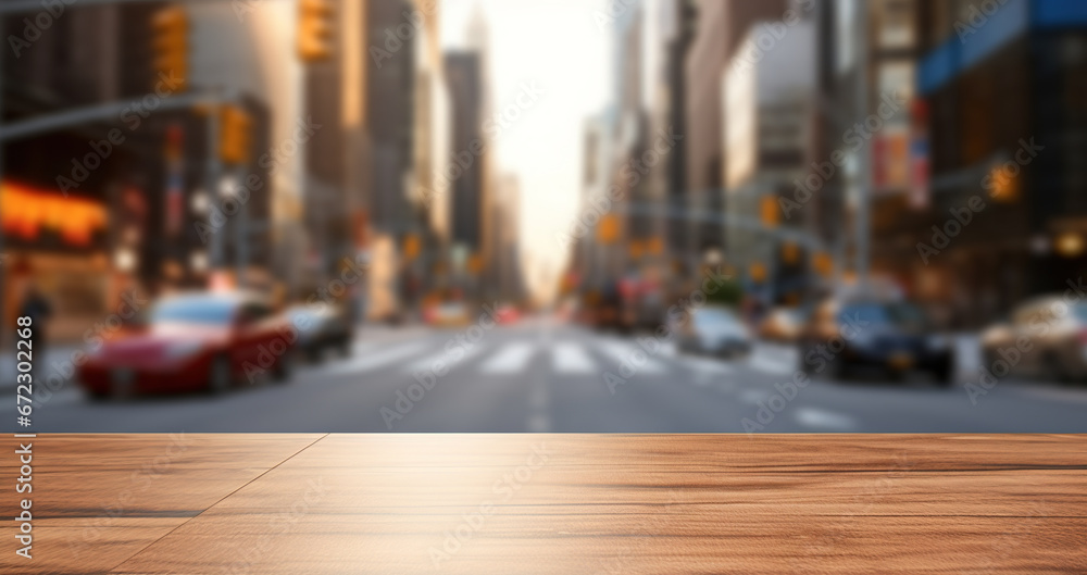Generative AI, Empty wooden table top with blur background of a busy street, big city Generative AI, Empty wooden table top with blur background of a busy street, big city
