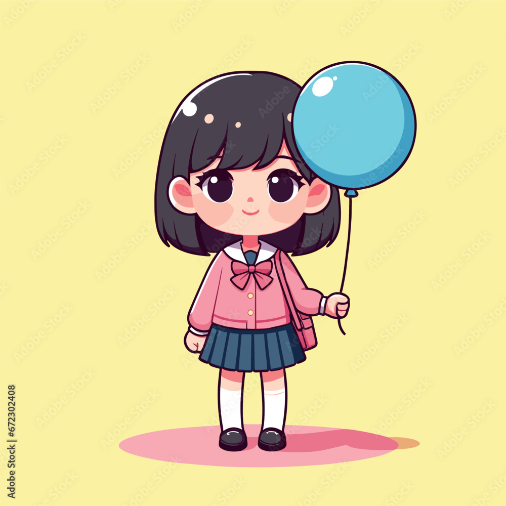 Schoolgirl with Blue Balloon and School Bag Vector Design Schoolgirl with Blue Balloon and School Bag Vector Design