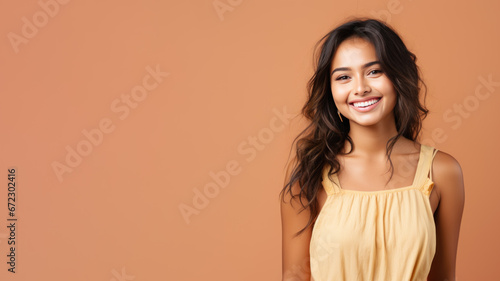 Indian woman model wear white sundress isolated on pastel background