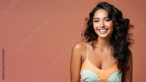 Indian woman model wear white sundress isolated on pastel background