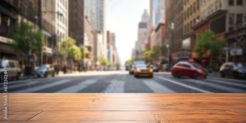 Generative AI  Empty wooden table top with blur background of a busy street  big city
