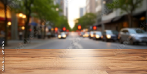 Generative AI, Empty wooden table top with blur background of a busy street, big city