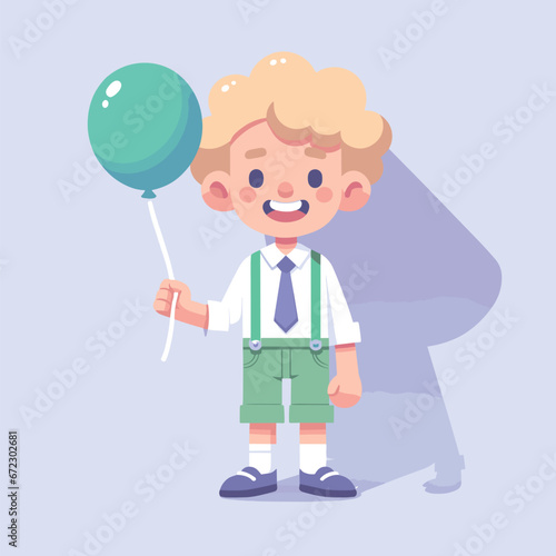 Schoolboy with Blue Balloon and Green Suspenders Vector Illustration