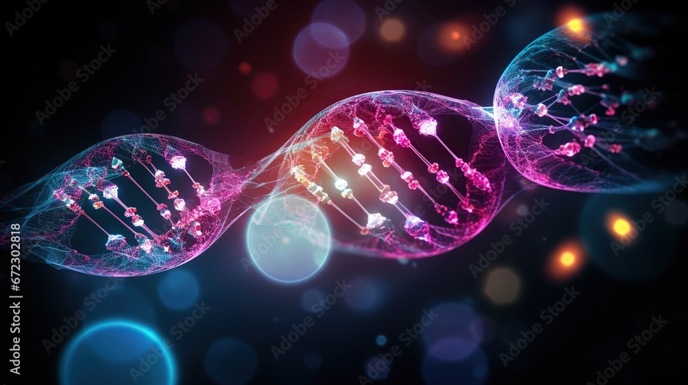 Close up rendering DNA helix 3D illustration with neon light. AI generated image