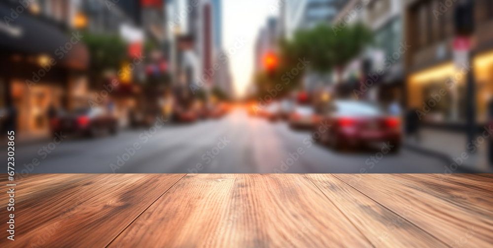 Generative AI, Empty wooden table top with blur background of a busy street, big city