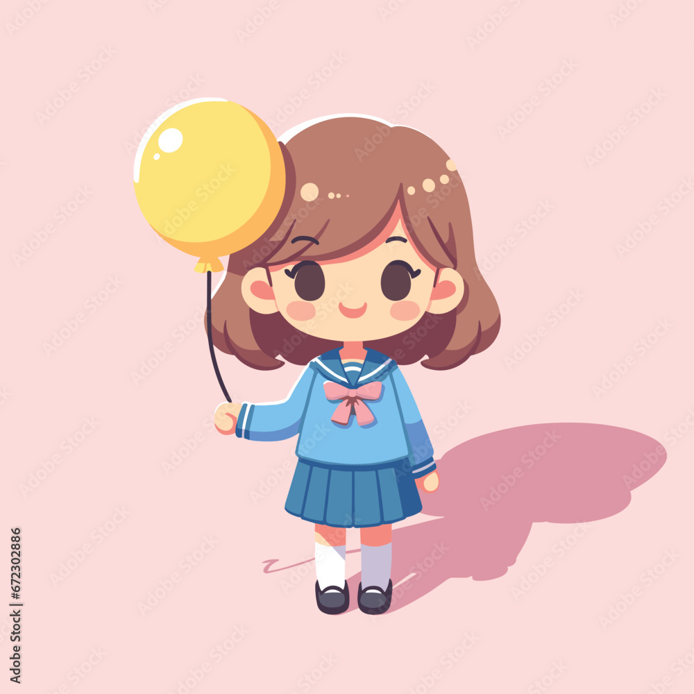 Schoolgirl with Yellow Balloon and Blue Uniform Vector Illustration Schoolgirl with Yellow Balloon and Blue Uniform Vector Illustration