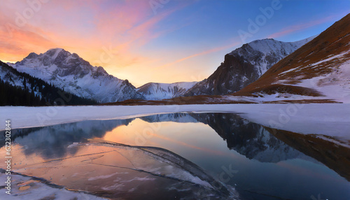 Sunrise in winter mountains. Mountain reflected in ice lake in morning sunlight