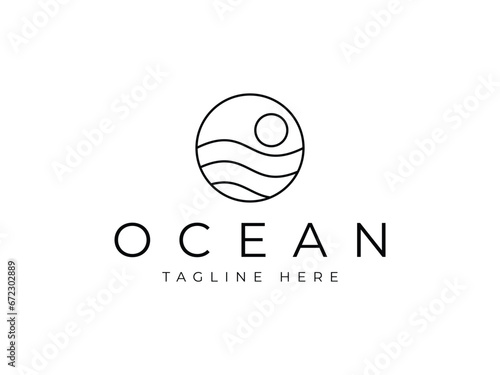ocean with the sun in circle creative line art logo design