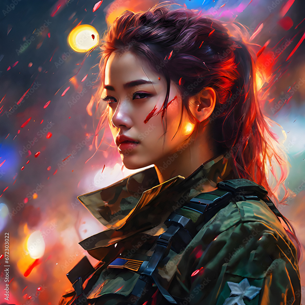 Φωτογραφία A girl in a military uniform against the background of smoke, sparks, fires