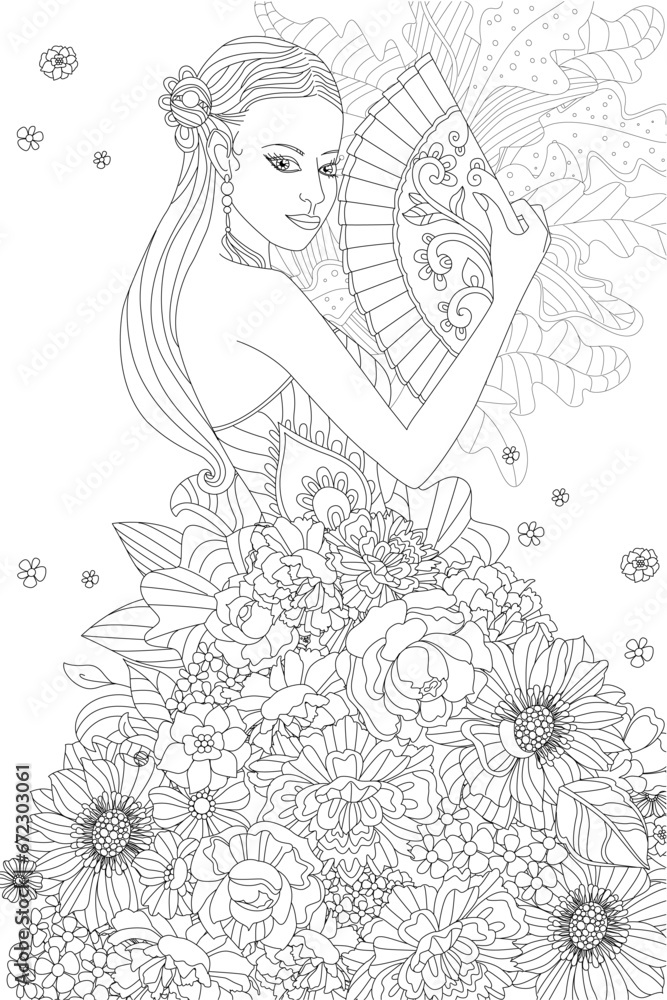 beautiful fashion chinese lady with a fan in blossoming dress. c beautiful fashion chinese lady with a fan in blossoming dress. c
