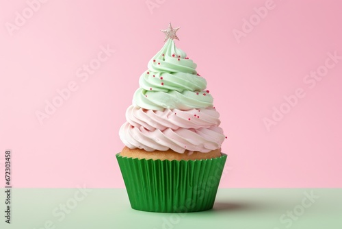 Christmas green cupcake or muffin with pink whipped cream, sprinkles and gold star on pink background. Xmas homemade dessert. Minimal style.