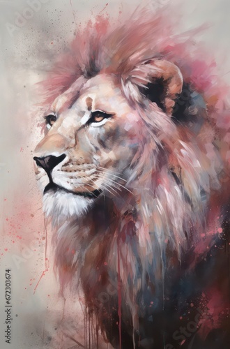 Artistic portrait of a lion, abstract oil painting.