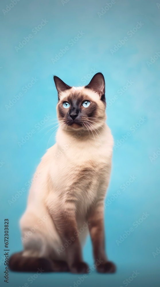 Portrait of a cute Siamese cat on blue background.