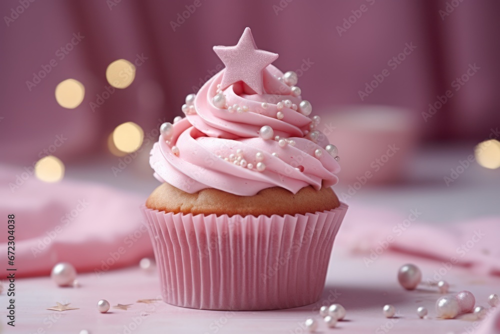 Christmas cupcake or muffin with pink whipped cream, sprinkles and silver star on pink background. Xmas homemade trendy dessert. Christmas cupcake or muffin with pink whipped cream, sprinkles and silver star on pink background. Xmas homemade trendy dessert.