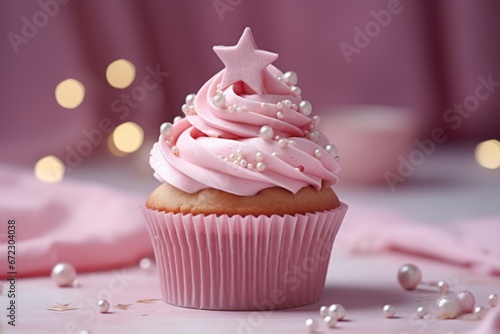 Christmas cupcake or muffin with pink whipped cream, sprinkles and silver star on pink background. Xmas homemade trendy dessert. 