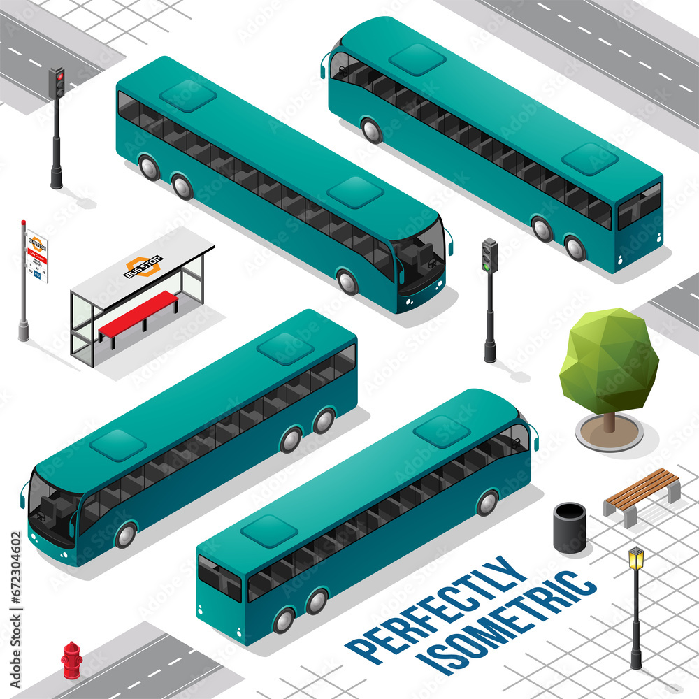 Persian Green Long Isometric Bus from the Front Back Right and Left Persian Green Long Isometric Bus from the Front Back Right and Left