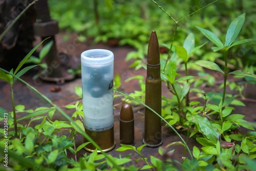 a bullet and its bullet cartridges on the ground in the grass