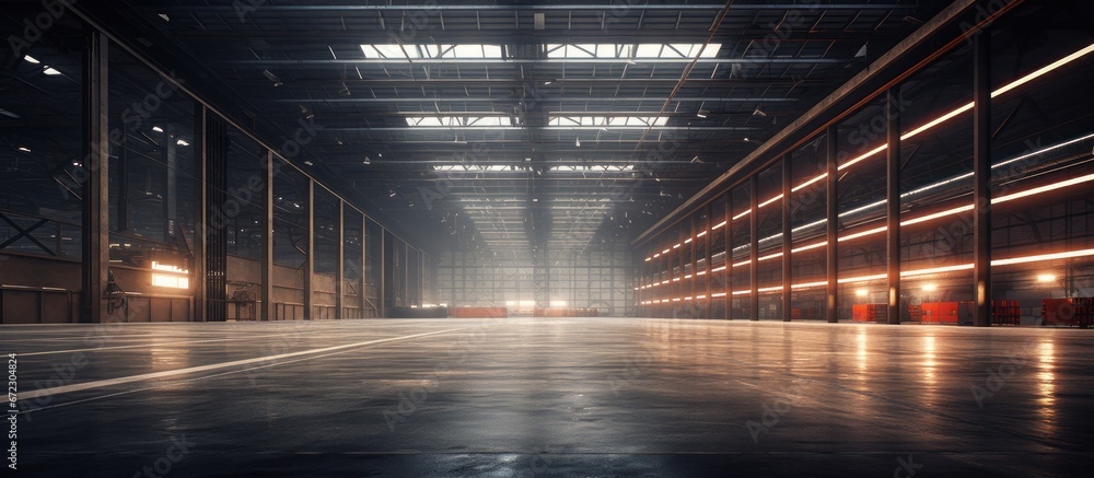 Empty warehouse transformed by striking lighting.