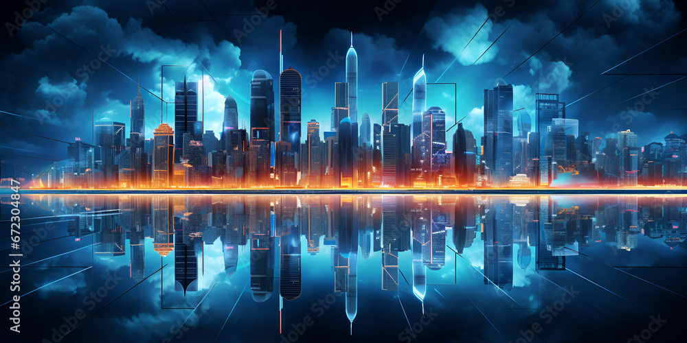 digital painting of city lights and water with clouds above Doha travel destination. Tour tourism exploring Electric Urban Wonderland in Hyper-Realism, generative AI

