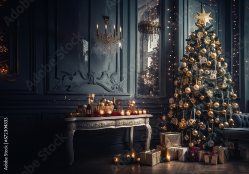 A cozy corner of the house adorned with a beautiful Christmas tree, spreading festive warmth and holiday spirit © .shock
