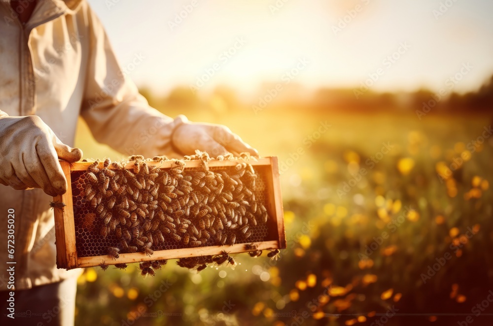 A beekeeper showcases honeycomb on a picturesque meadow, highlighting the beauty of sustainable apiculture - obrazy, fototapety, plakaty 