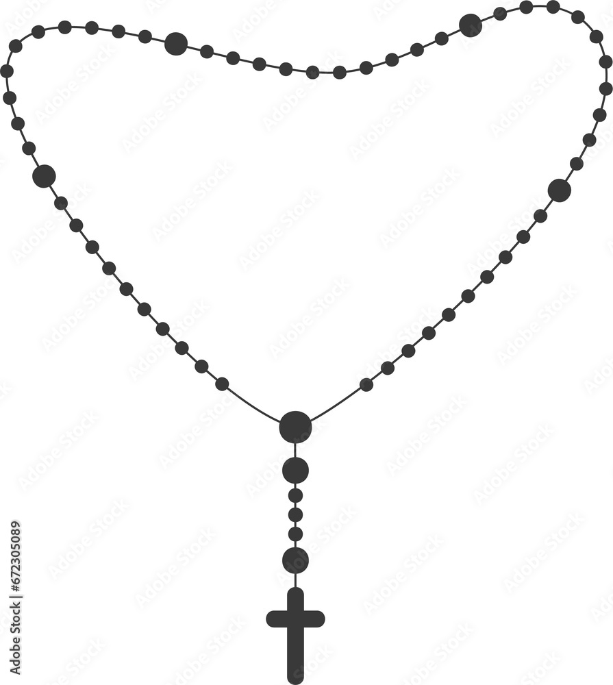 Rosary beads silhouette. Prayer jewelry for meditation. Catholic chaplet with a cross. Religion symbol. Vector illustration. Rosary beads silhouette. Prayer jewelry for meditation. Catholic chaplet with a cross. Religion symbol. Vector illustration.