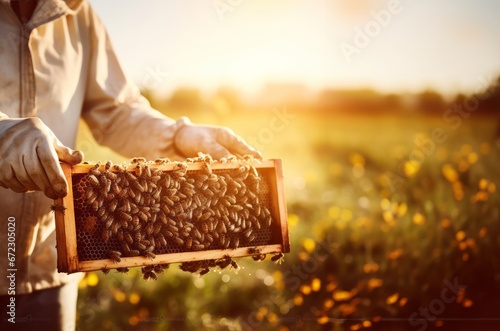 A beekeeper showcases honeycomb on a picturesque meadow, highlighting the beauty of sustainable apiculture