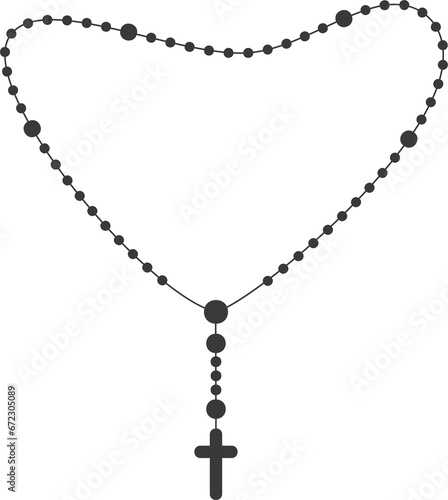 Rosary beads silhouette. Prayer jewelry for meditation. Catholic chaplet with a cross. Religion symbol. Vector illustration.