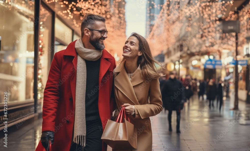 Obraz premium A festive couple captured on an urban street during the joyful Christmas holiday season