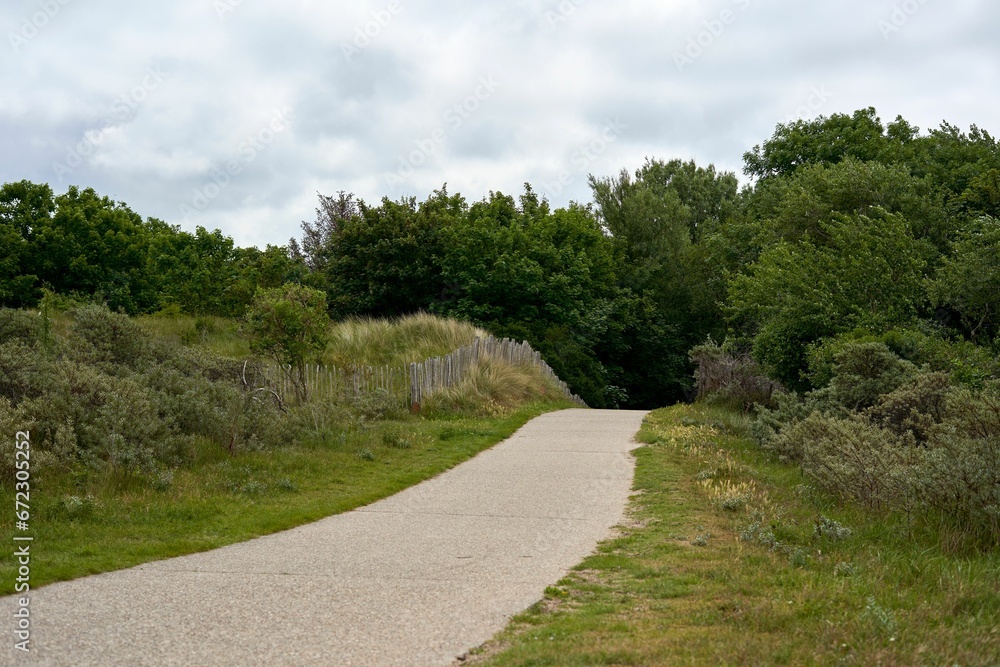 Empty paved trail in a grassy meadow, offering a scenic view of the surrounding landscape
