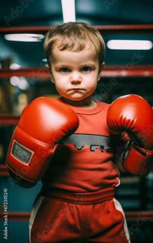 Portrait of a strong and serious toddler with boxing gloves in boxing ring at gym