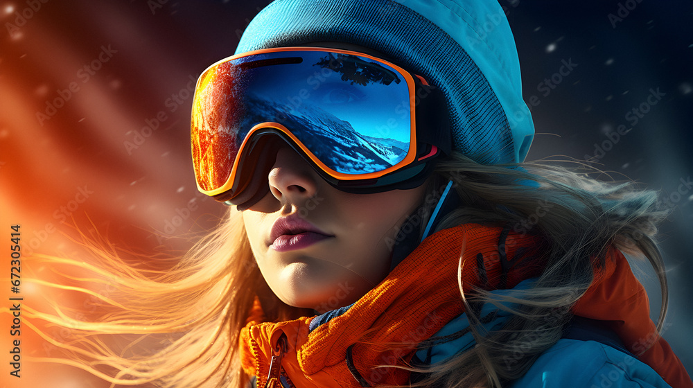 snowboarder smiling, young skier, portrait girl snowboarder, ski goggles, close-up photo, Winter holidays, snowboard vacation, Concept travel ski, Snow sports, Copy space available