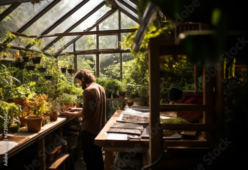 A man inside a greenhouse carefully inspects the plants he cultivates, fostering nature's growth and sustainability