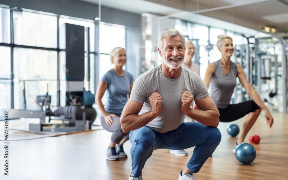 An active group of older individuals engage in exercises in a modern gym, promoting health and vitality An active group of older individuals engage in exercises in a modern gym, promoting health and vitality