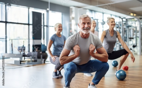 An active group of older individuals engage in exercises in a modern gym  promoting health and vitality