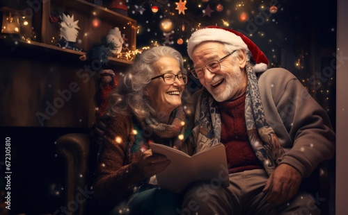 An older couple cherishes the Christmas holidays together, creating a warm and festive atmosphere in their home.